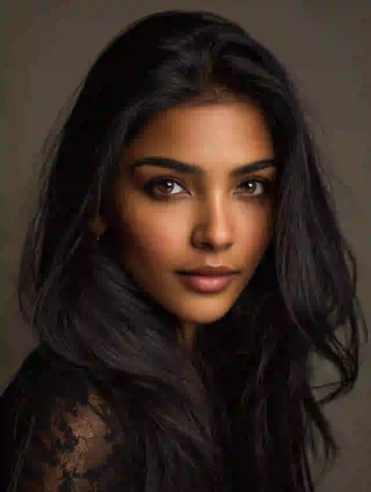 South Asian woman with long black hair and bold features. Template for photo face swap.