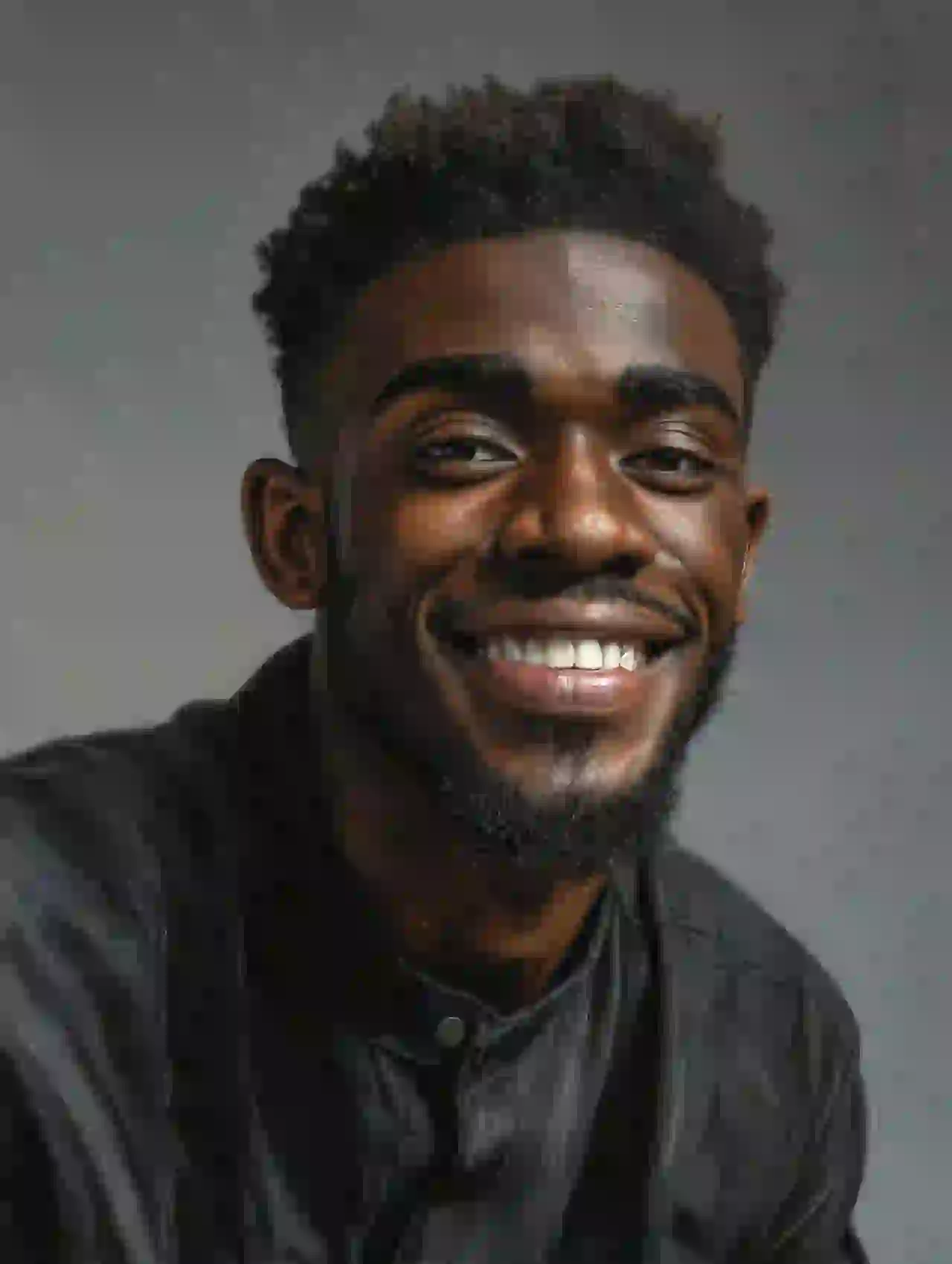 Black man with short hair and wide smile in casual outfit. Template for photo face swap.