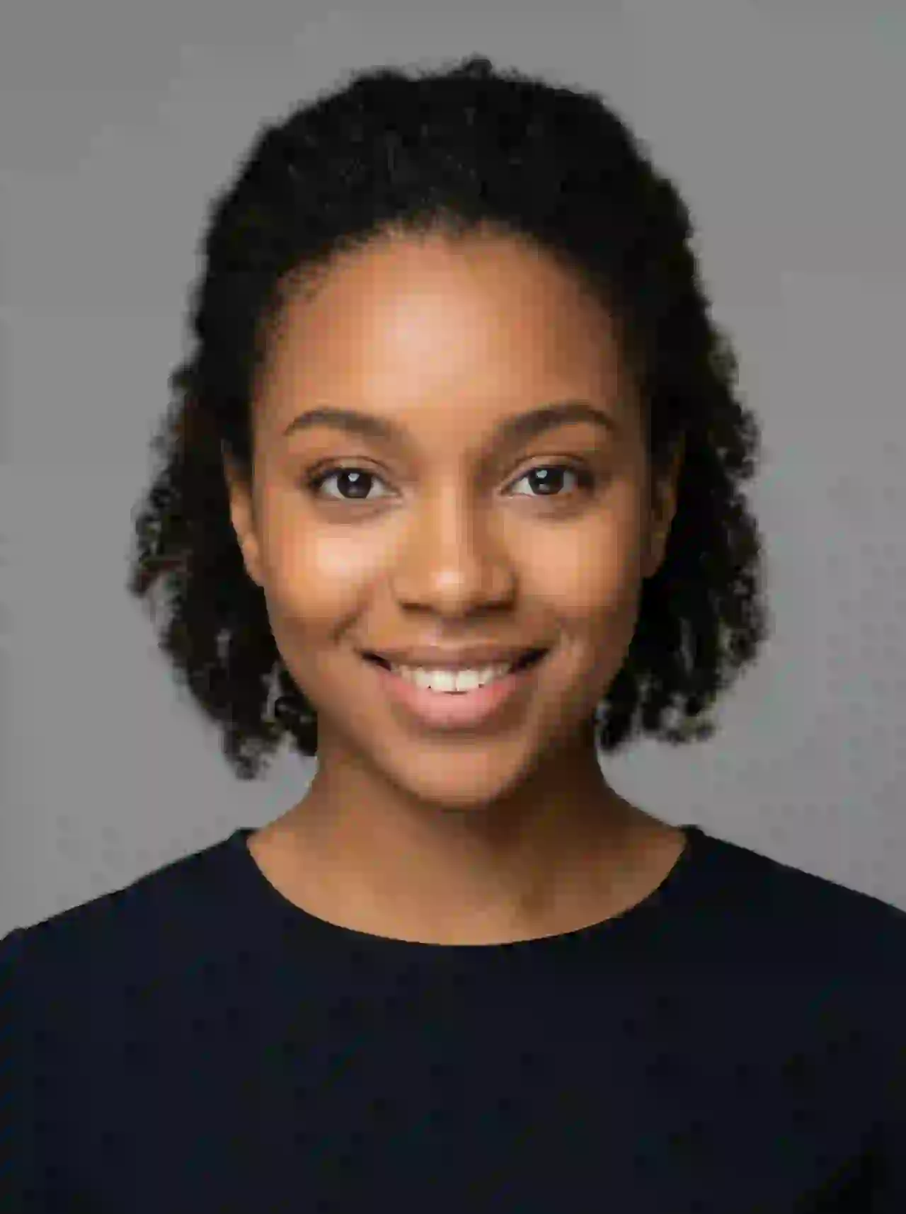 Black woman with short curly hair smiling. Template for photo face swap.