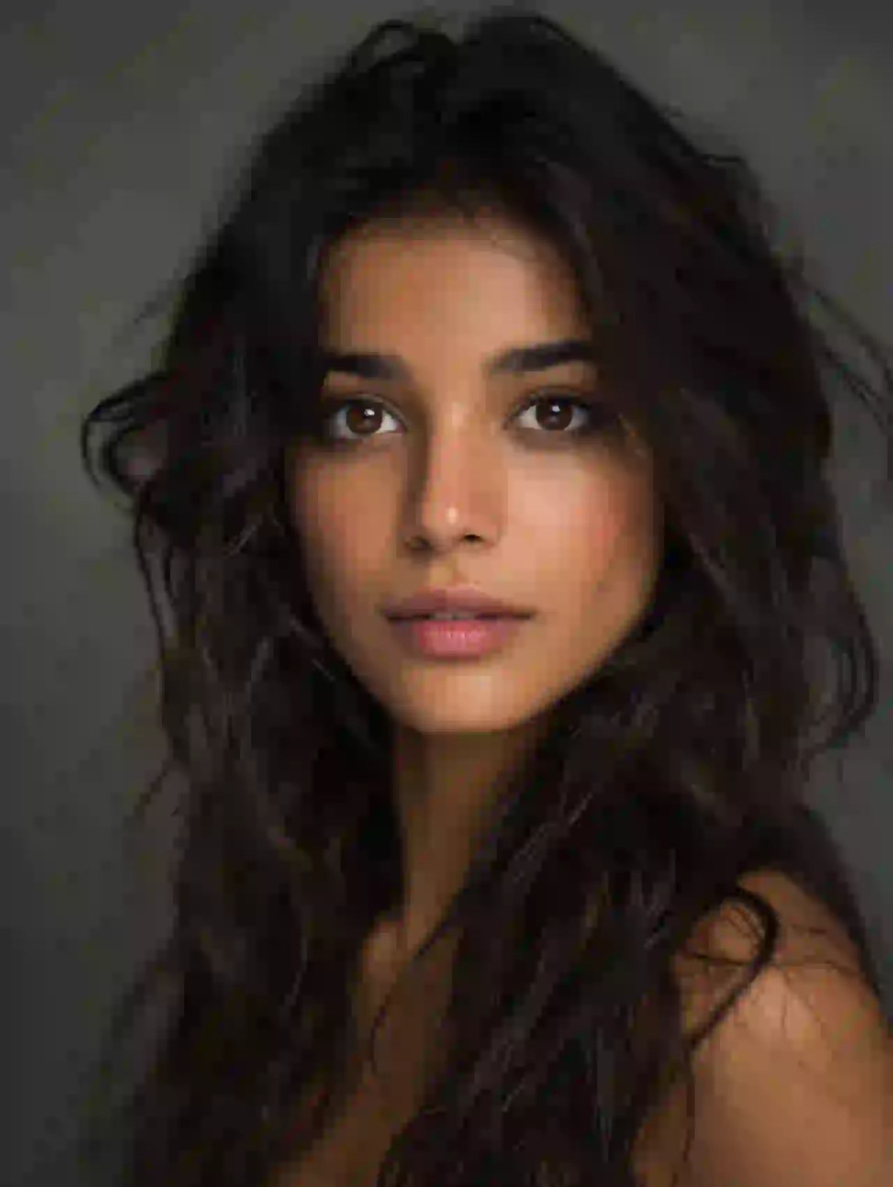 South Asian woman with long dark wavy hair and brown eyes. Template for photo face swap.