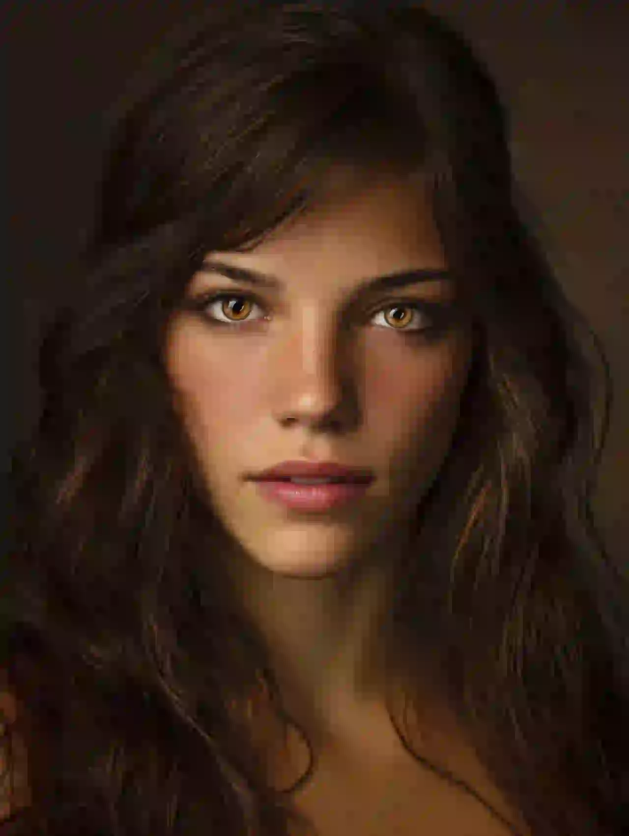 Brunette woman with side-swept hair and warm complexion. Template for photo face swap.