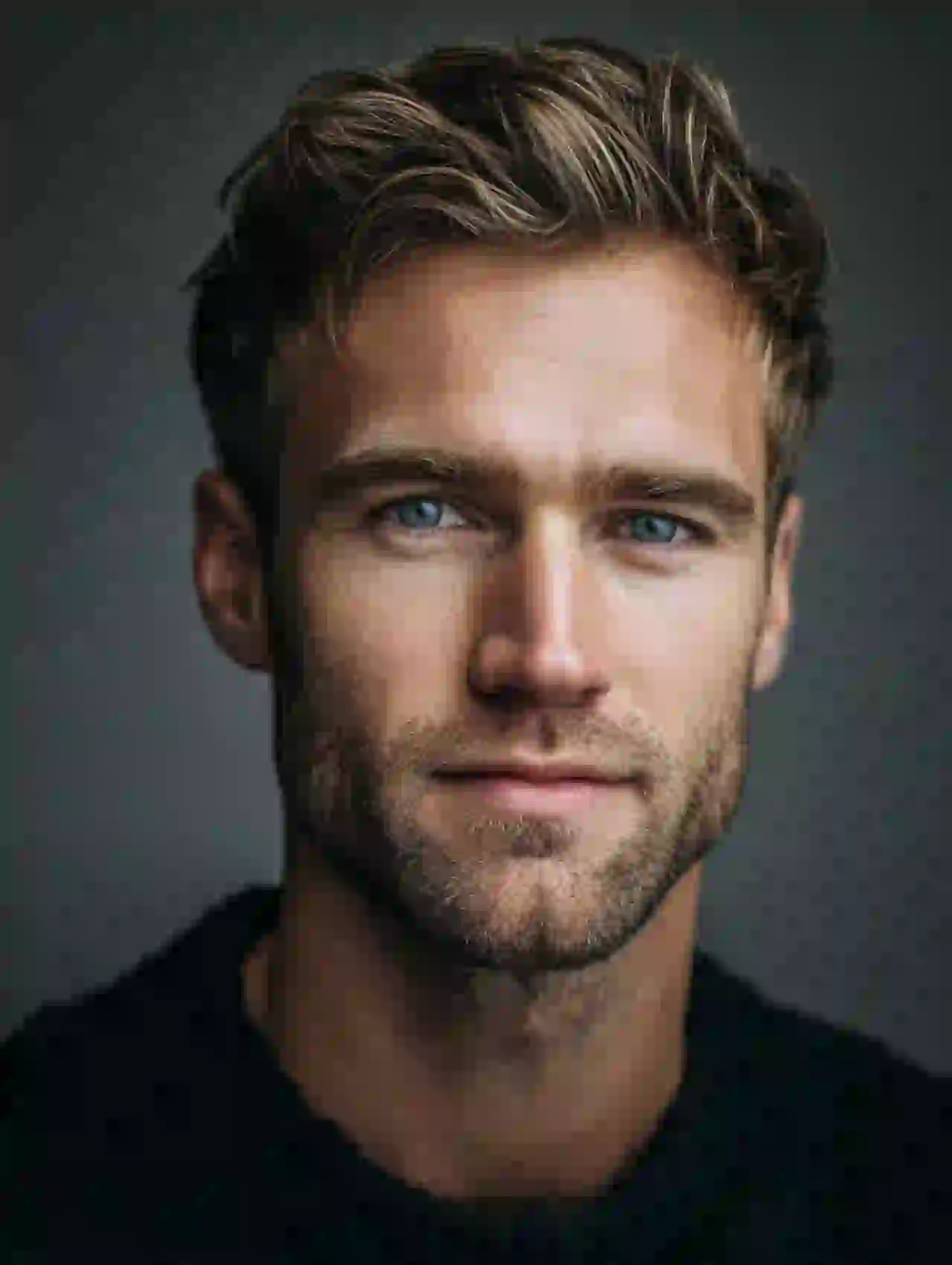 Caucasian man with short blonde hair and blue eyes in dramatic studio lighting. Template for photo face swap.