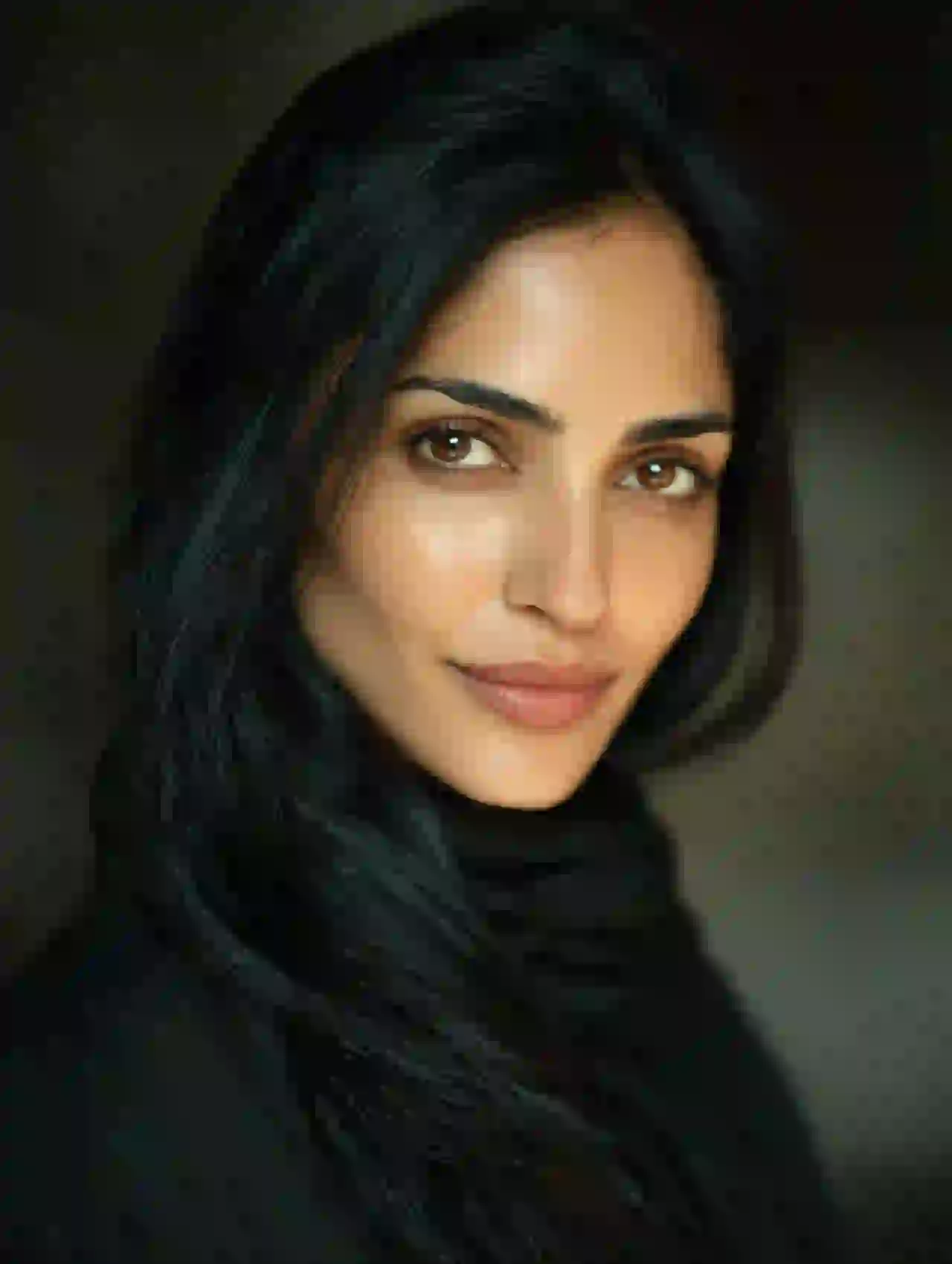 South Asian woman with long black hair and dark eyes. Template for photo face swap.