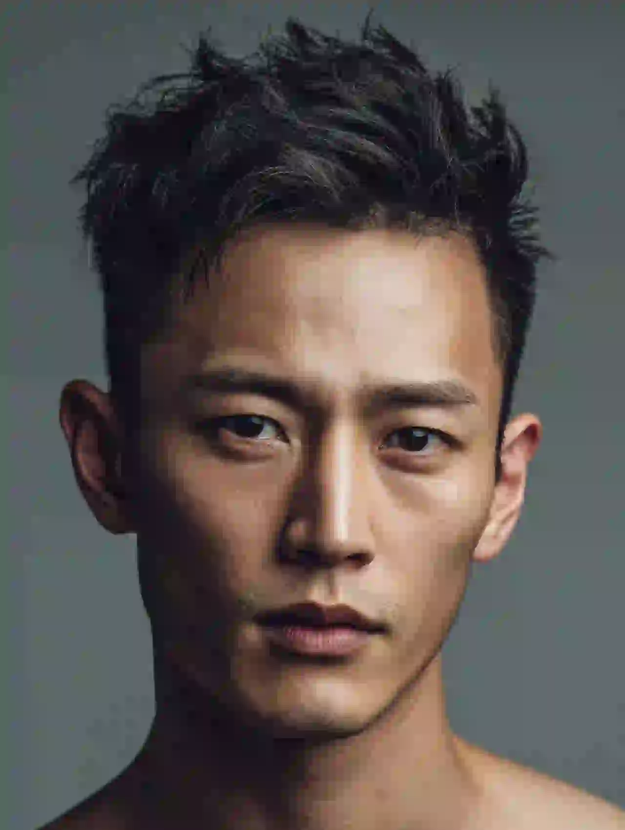 East Asian man with spiky dark hair and sharp features. Template for photo face swap.