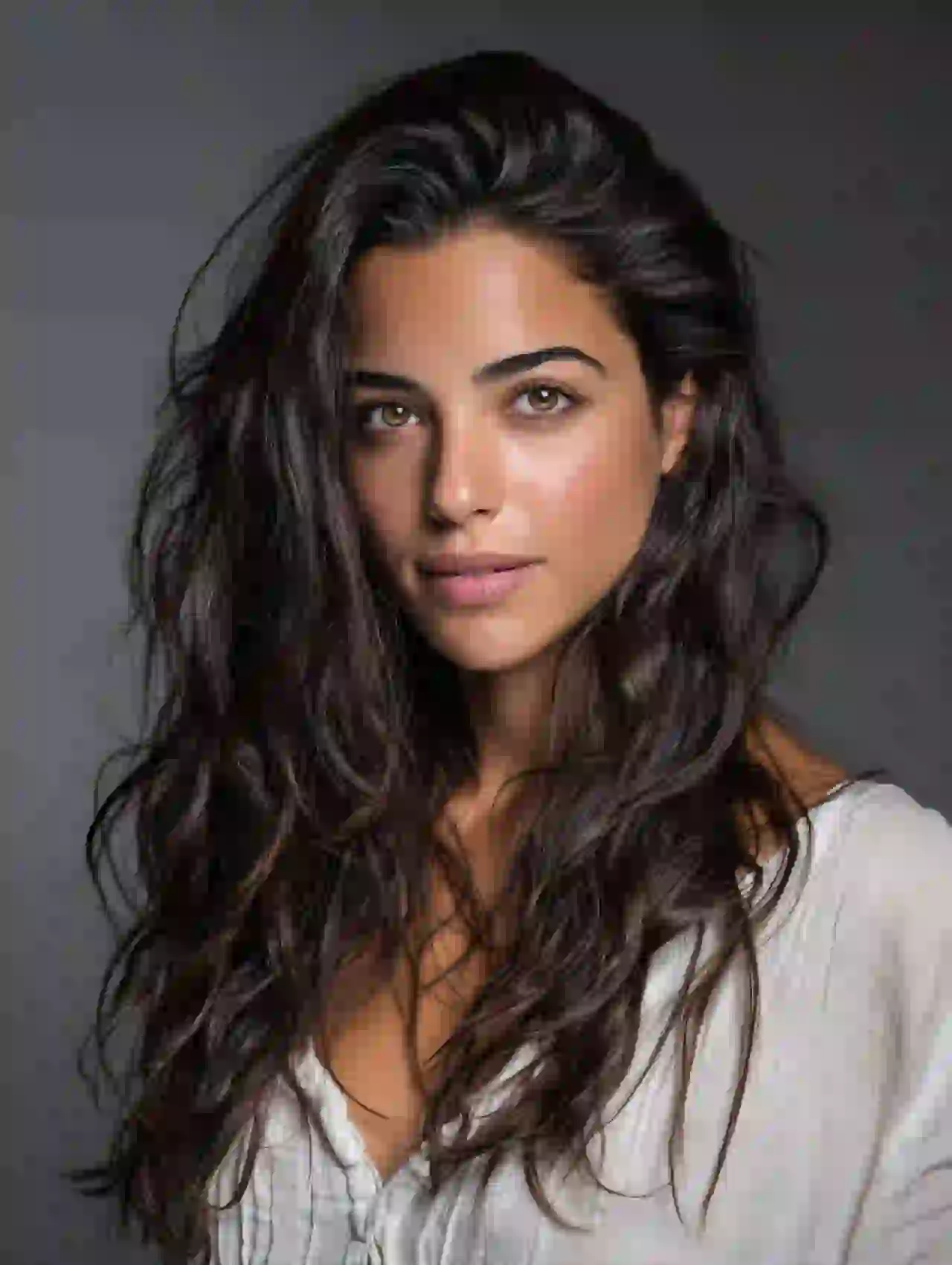 Latin woman with dark curly hair and light eyes in casual style. Template for photo face swap.