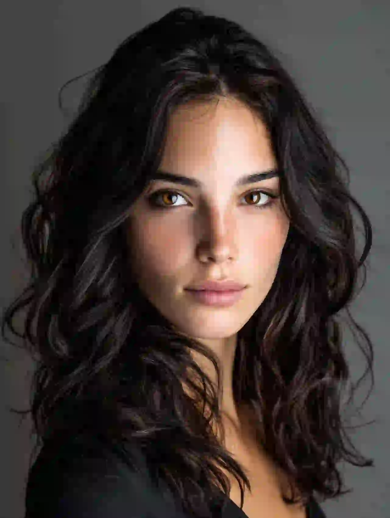 Mediterranean woman with long dark wavy hair and olive skin. Template for photo face swap.