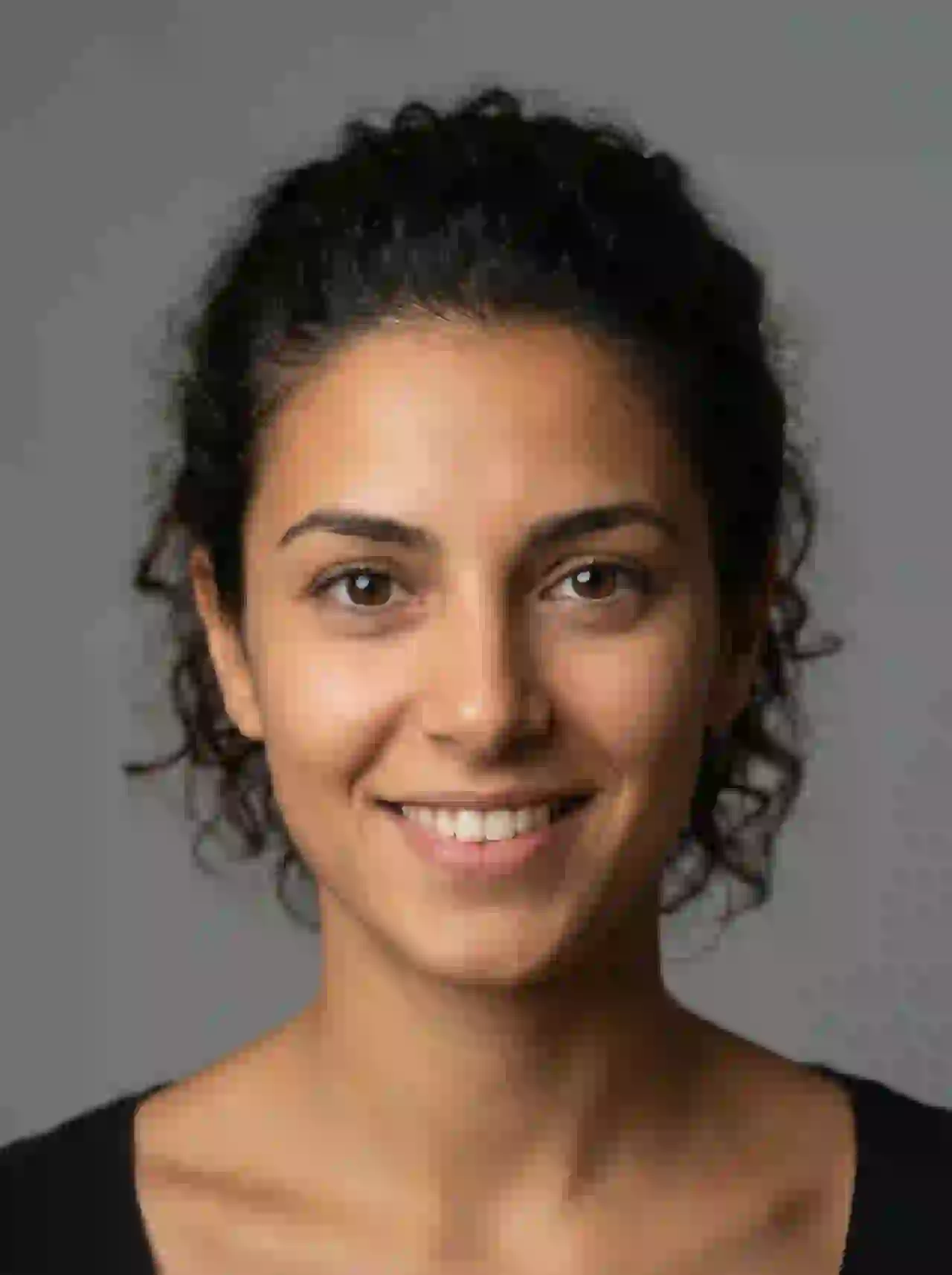 Mediterranean woman with curly dark hair smiling. Template for photo face swap.