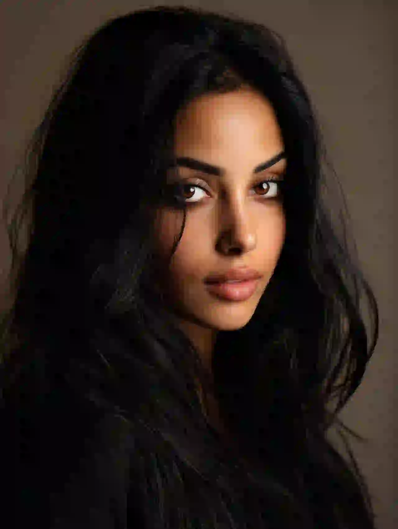 Middle Eastern woman with black wavy hair and dramatic lighting. Template for photo face swap.