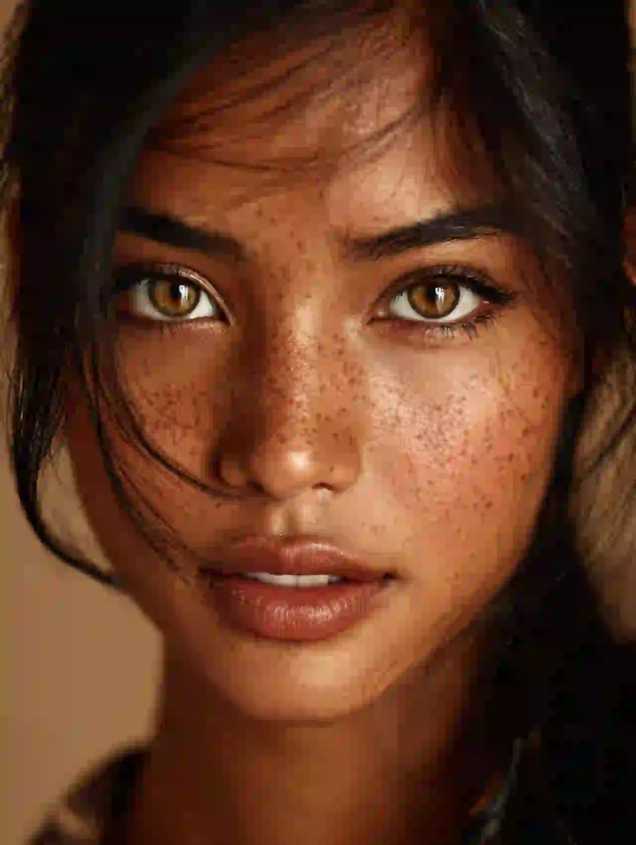 Southeast Asian woman with freckles and amber eyes in close-up portrait. Template for photo face swap.