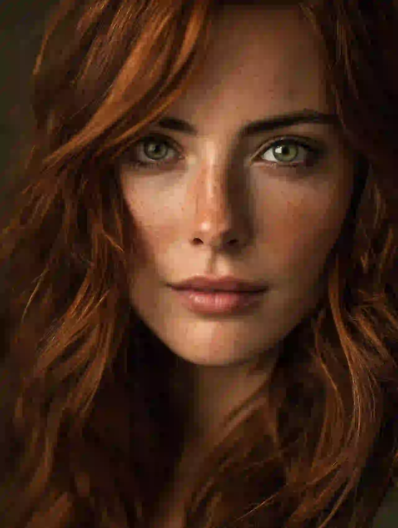 Woman with auburn red hair and green eyes. Template for photo face swap.