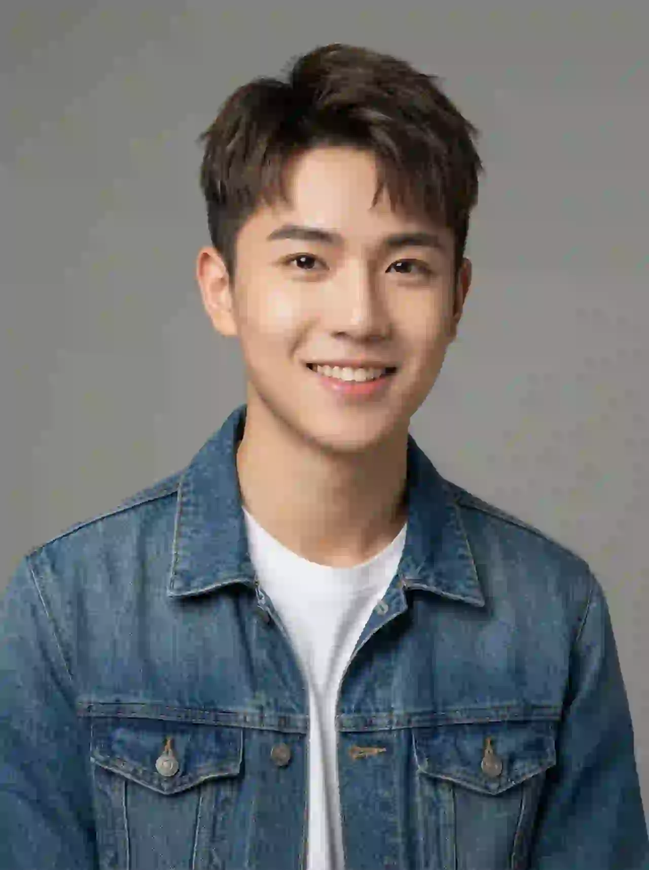Young Asian man with side-swept hair in denim jacket smiling. Template for photo face swap.