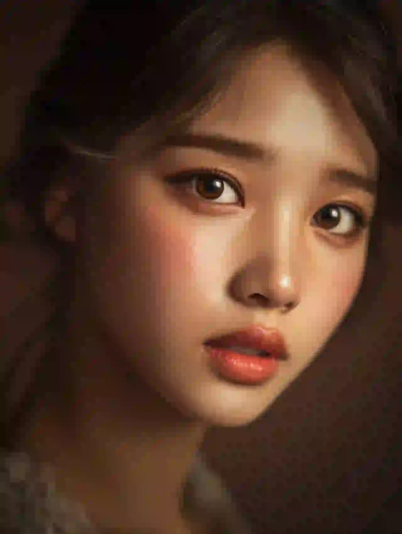 Young Asian woman with warm lighting and subtle makeup. Template for photo face swap.