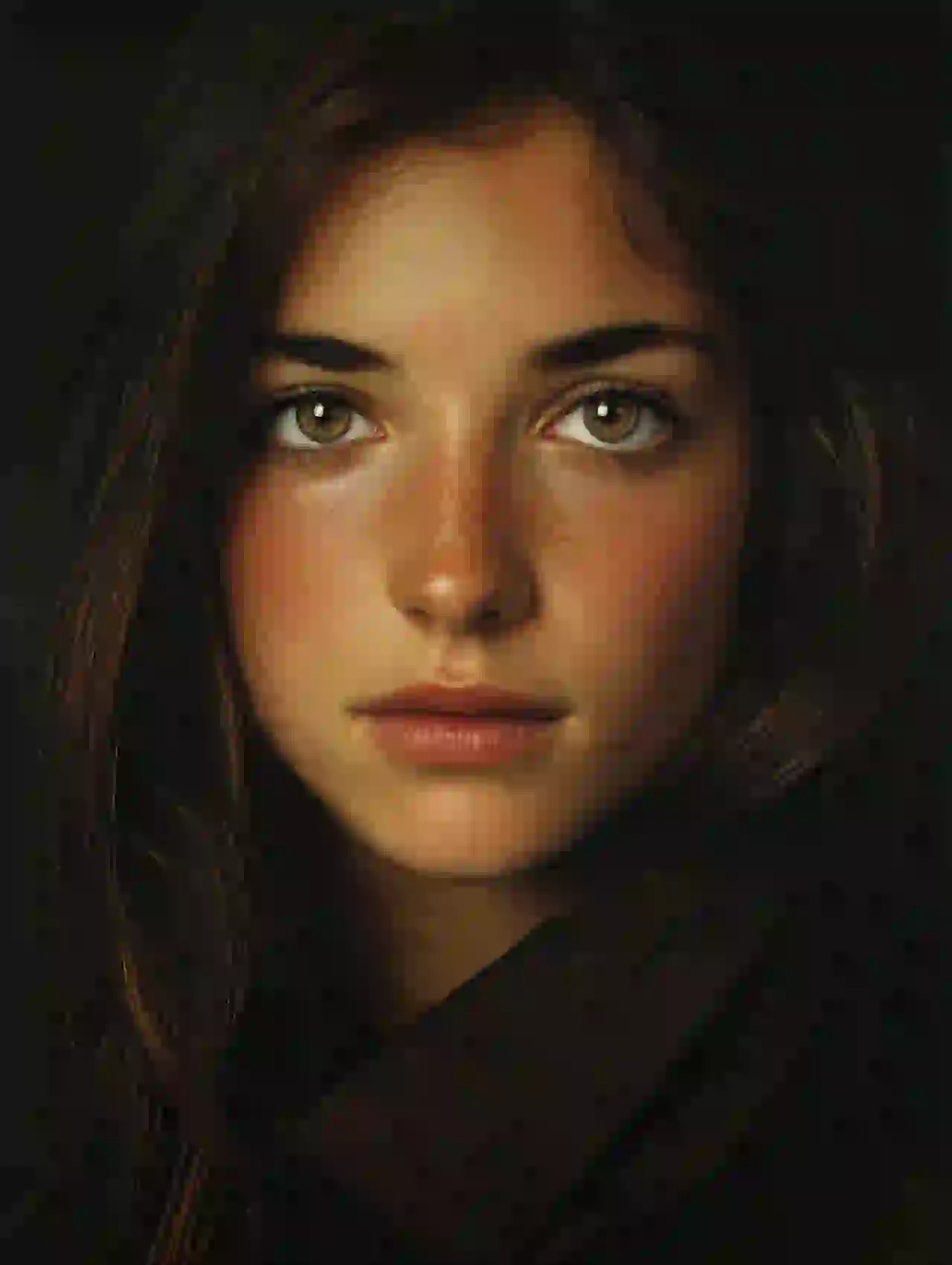 Young woman with brown hair and green eyes in dramatic lighting. Template for photo face swap.