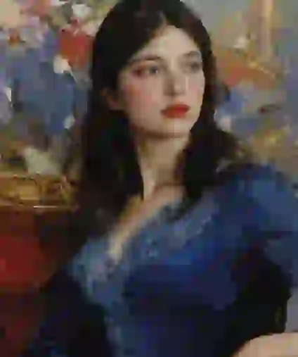 Oil painting style, dark-haired woman in blue dress indoors.