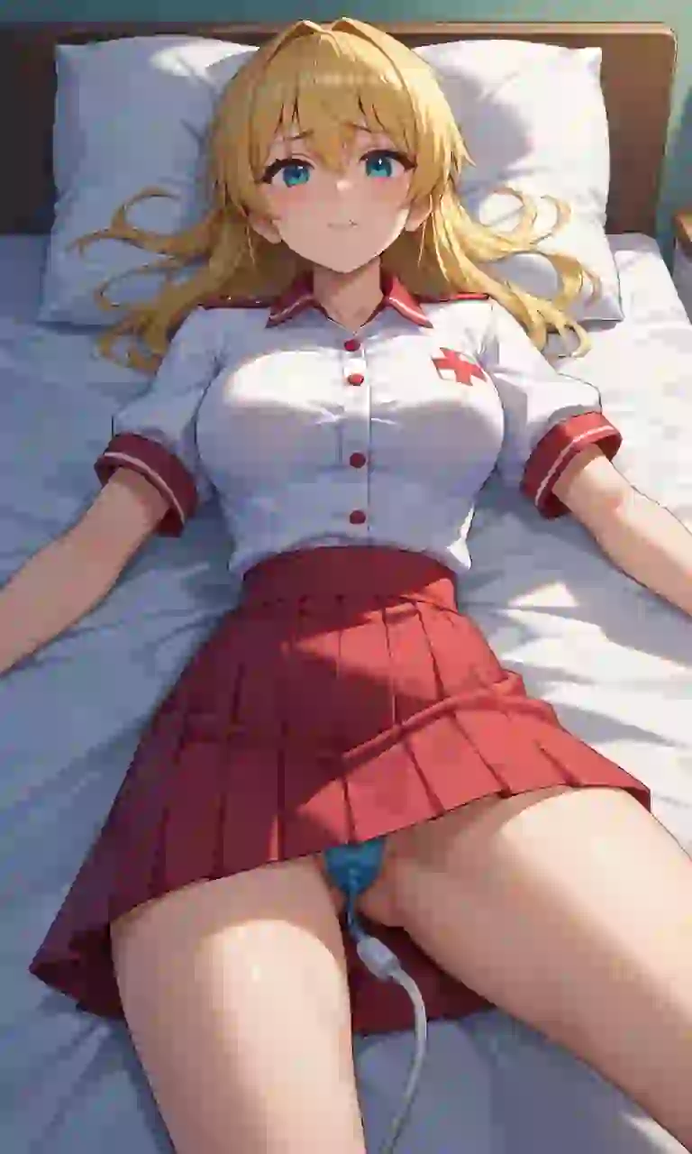 AI-generated anime image of a blonde woman in nurse uniform with red pleated skirt lying on a hospital bed