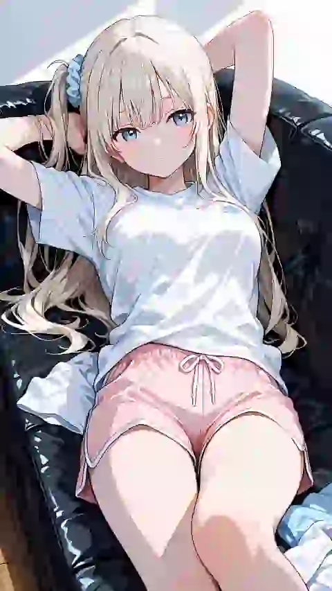 AI-generated anime image of a blonde woman with twin-tail hair in casual white t-shirt and pink shorts sitting on a sofa