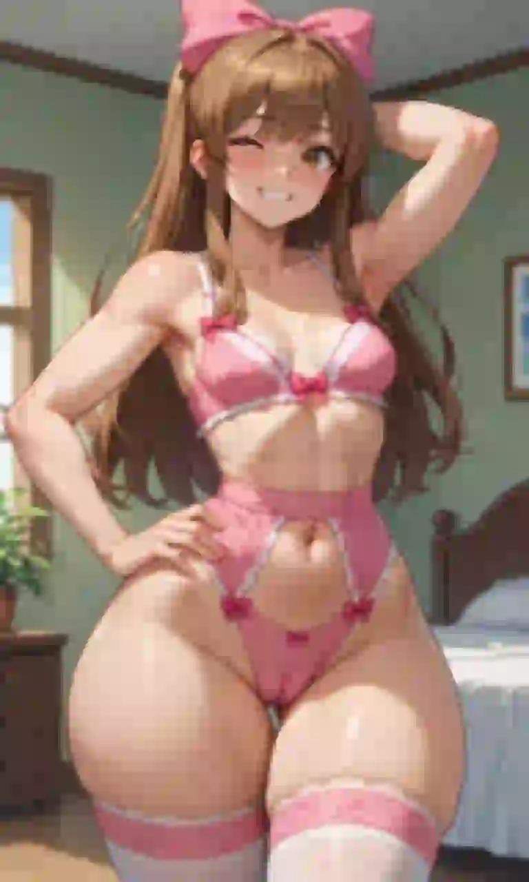 AI-generated anime image of a brown-haired woman with pink bow wearing matching pink lingerie set with white stockings in a bedroom