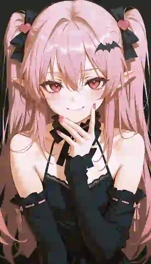 AI-generated anime image of a woman with pink twin-tail hair decorated with bat accessories in a dark gothic outfit