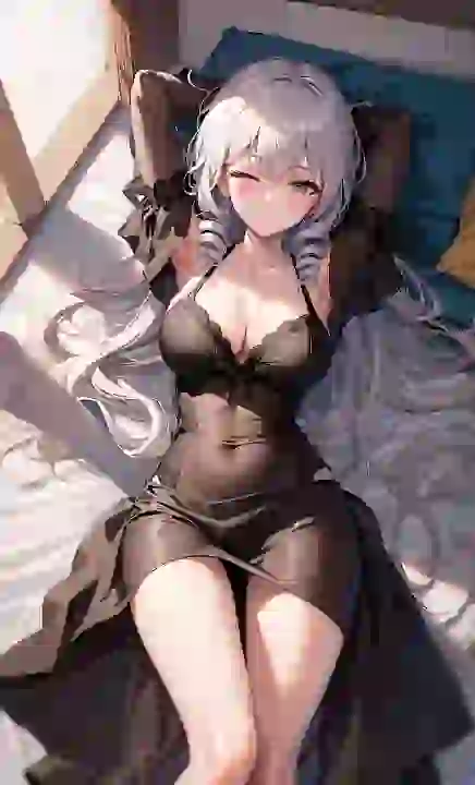 AI-generated anime image of a silver-haired woman in dark outfit lying on bed in a sunlit room