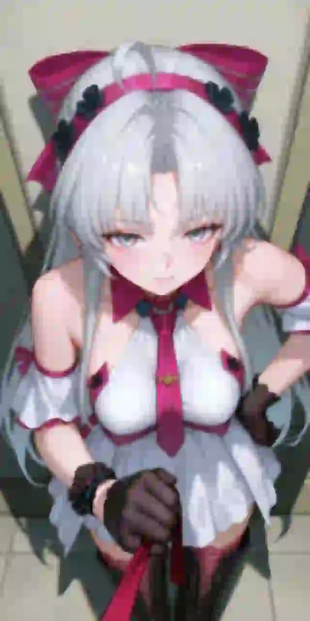 AI-generated anime image of a silver-haired woman in white and pink maid-inspired outfit with rose decorations looking down at the viewer
