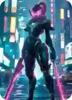 Una mujer genial se encuentra en una ciudad futurista con luces de neón, vestida con equipo de alta tecnología y rodeada de elementos digitales avanzados.