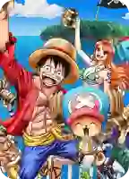 Luffy del anime One Piece, con su sombrero de paja y una amplia sonrisa, lanza con entusiasmo un signo de la paz, irradiando un espíritu divertido y aventurero.