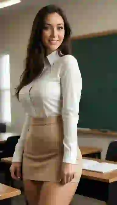 AI-generated image of an attractive woman in white shirt and khaki mini skirt standing confidently in a classroom setting.