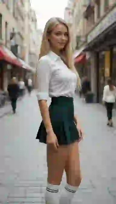 AI-generated image: Blonde woman in school uniform: white shirt, short green checkered skirt, white stockings, standing on a city street.