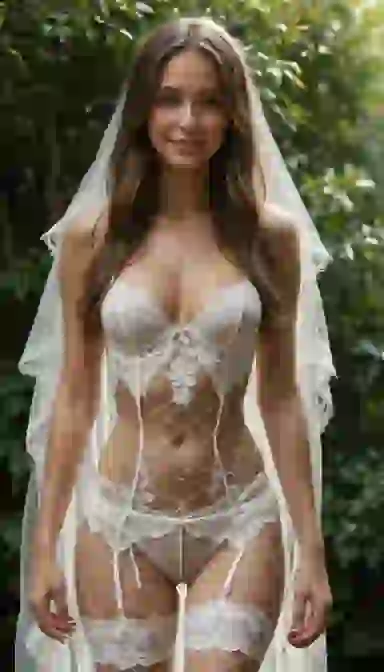 AI-generated wedding-themed photo: of a woman in cream-colored bridal lingerie and white veil standing outdoors.