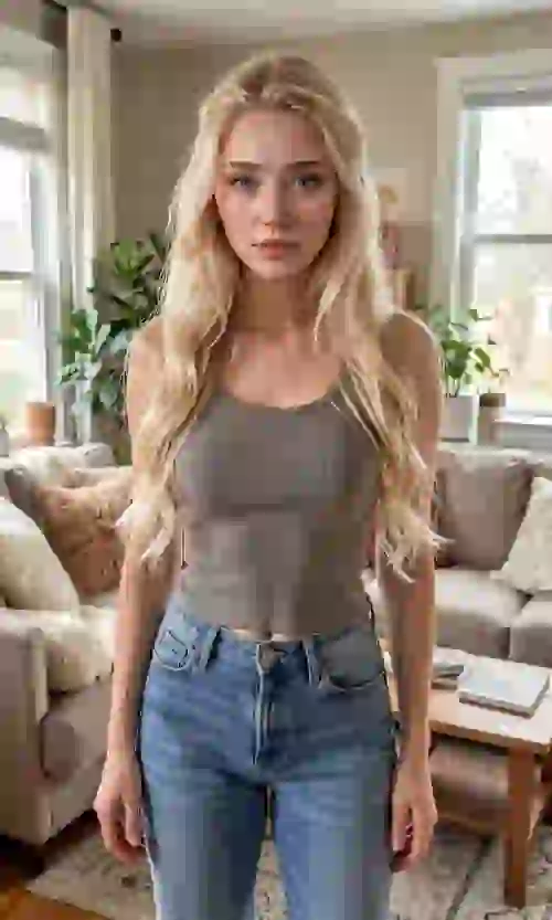 Blonde woman in gray tank top and jeans posing in an indoor living room. Template for Undress AI.