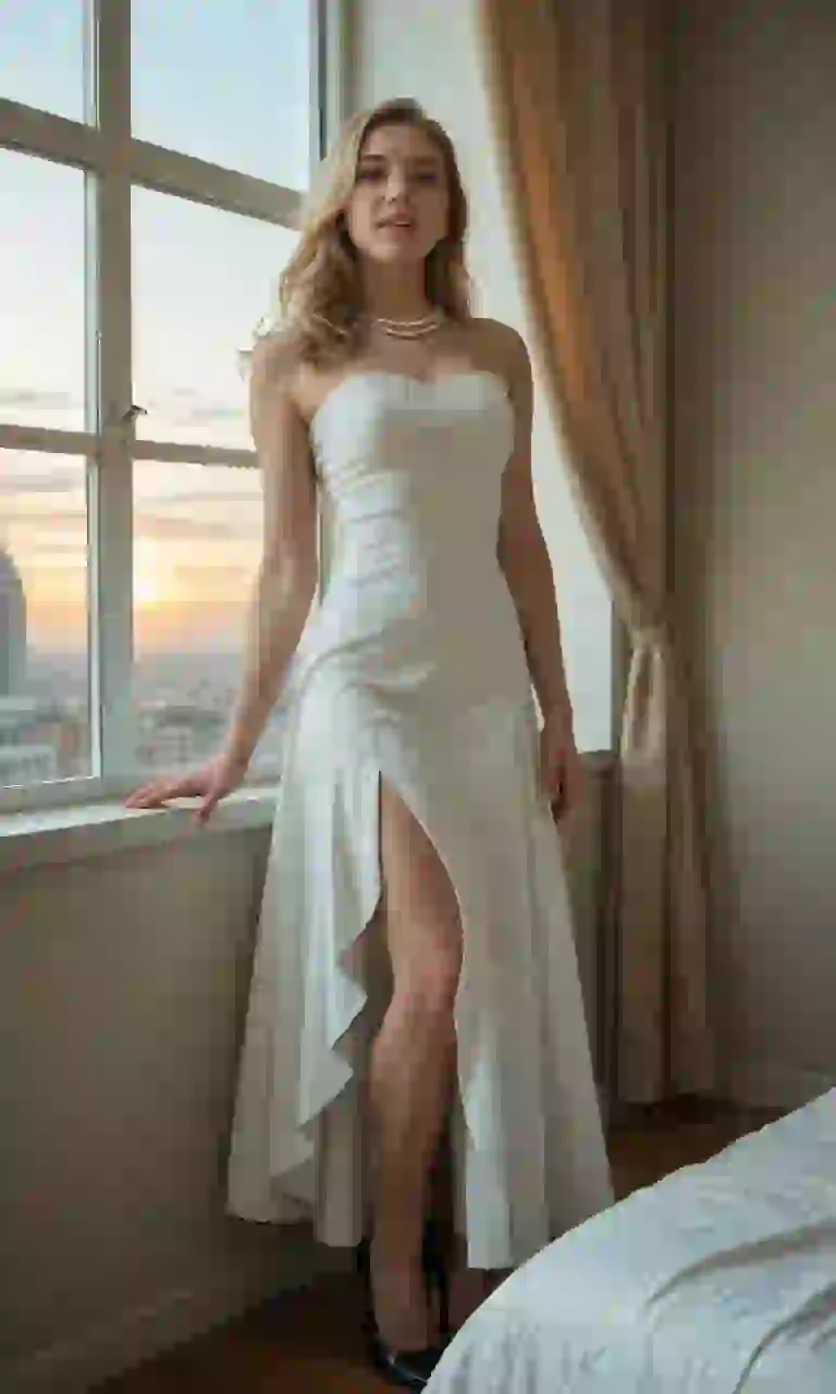 Blonde woman in white gown posing in a bedroom. Template for Undress AI.