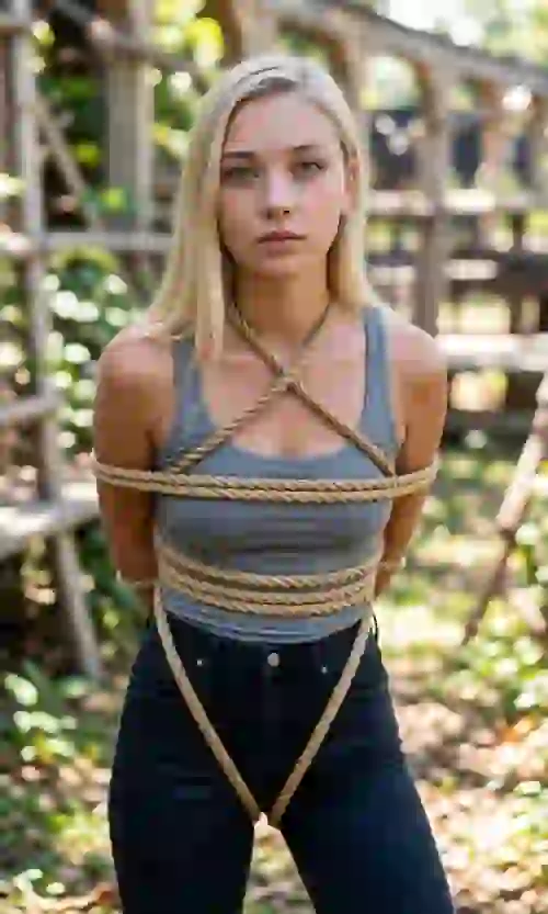 A blonde woman in gray tank top and tight jeans gets entangled in ropes. Template for Undress AI.