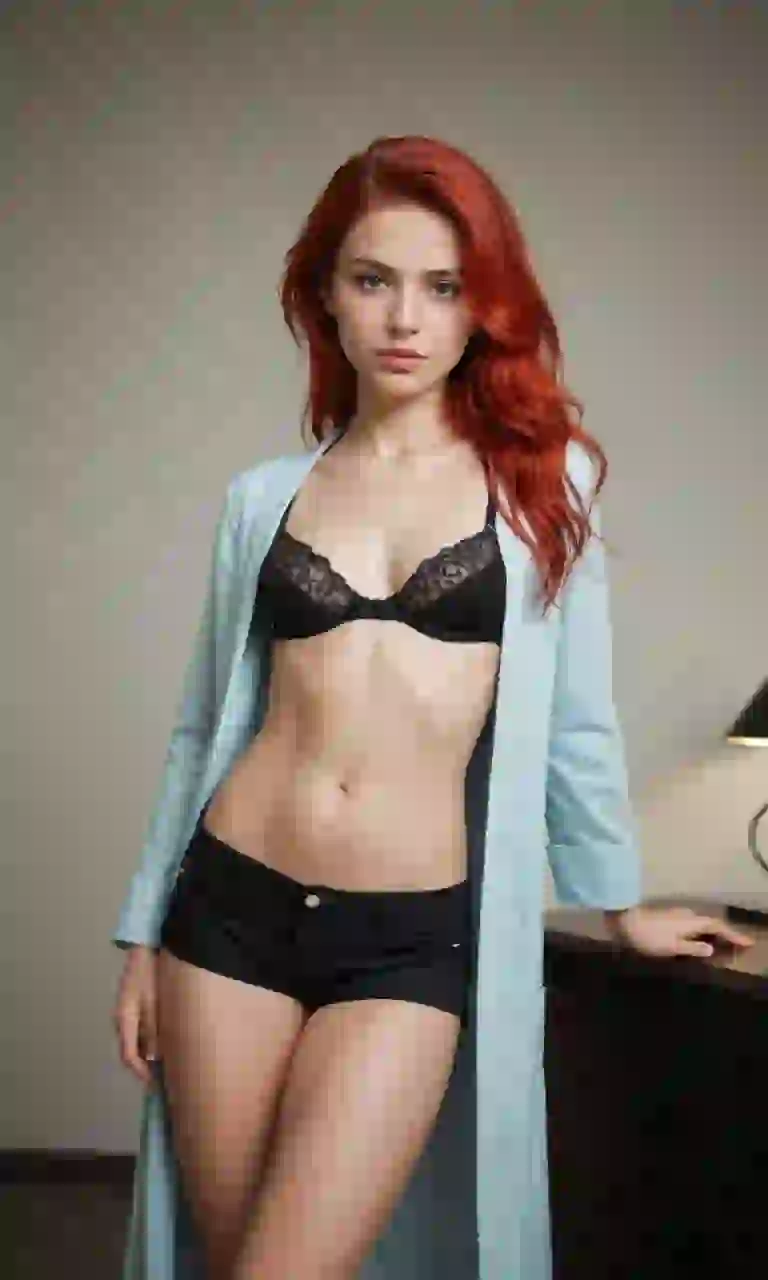 AI-generated image of a red-haired woman standing indoors wearing a white shirt.