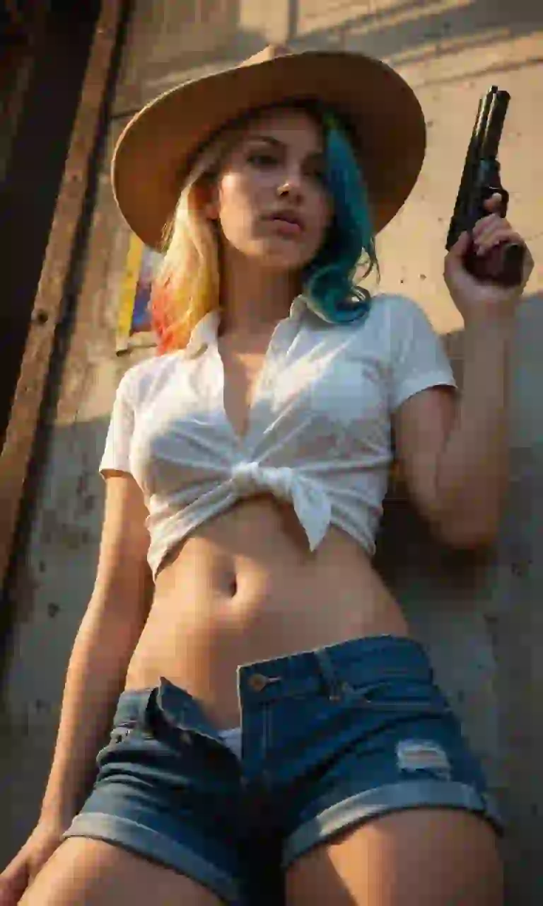 AI-generated image of a woman in a red cowgirl outfit posing in front of a sunset backdrop.