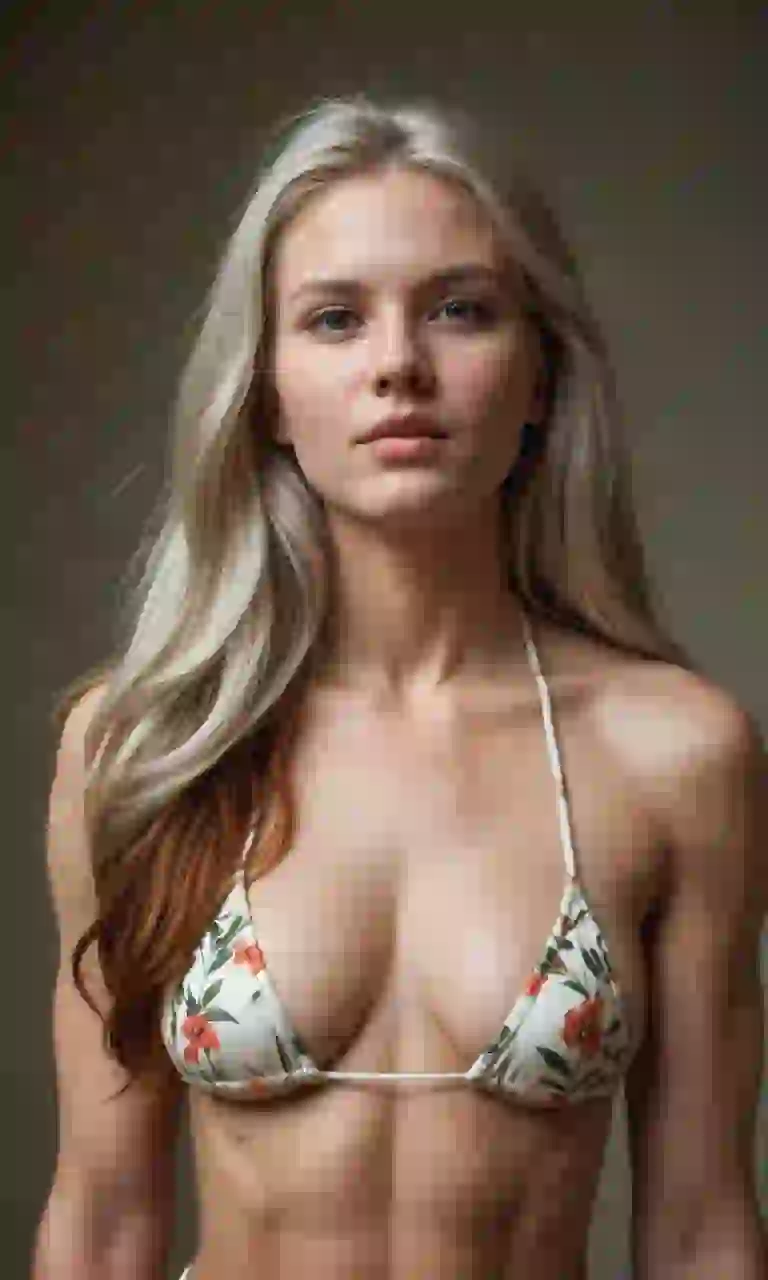 Woman with platinum hair in white floral bikini. Template for Undress AI.