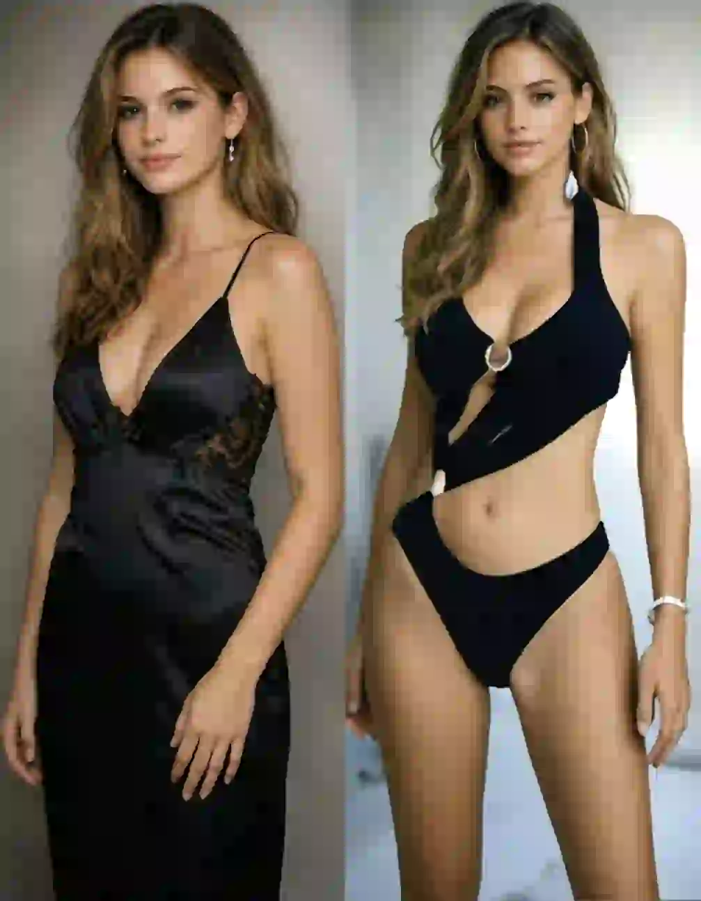 Before-and-after outfit swap: Woman with brown wavy hair – left: black sleeveless V-neck dress; right: revealing black lingerie with metal ring bra detail.