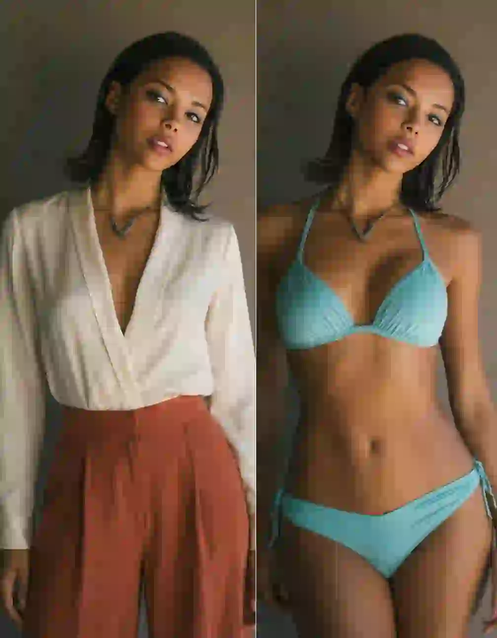 Outfit transformation comparison: Tanned woman with black hair – left: beige V-neck top and dark orange pants; right: seductive blue lingerie set.